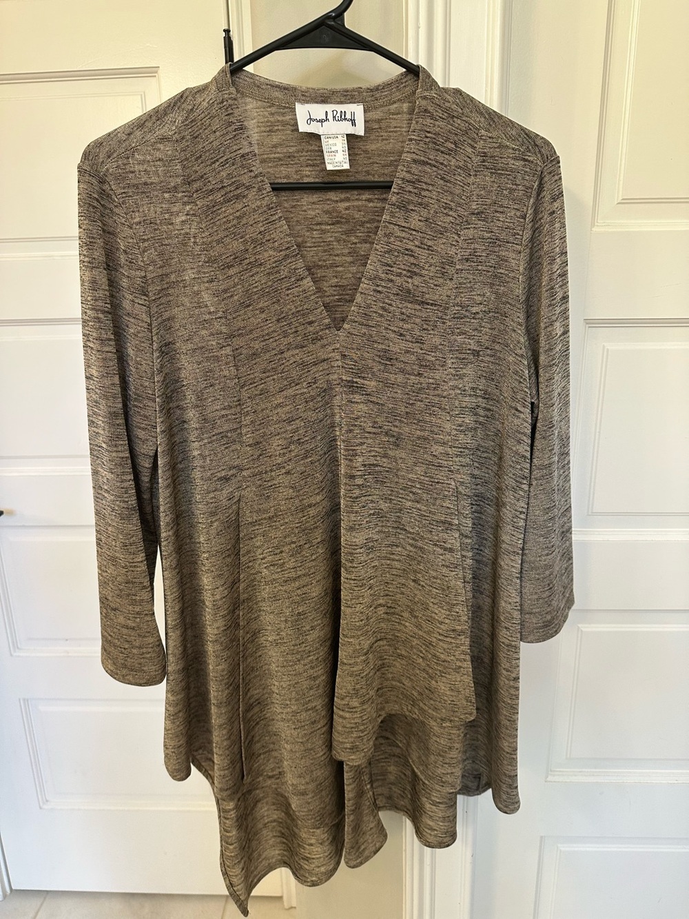 Joseph Ribkoff Black Tan Hi Low Hem V-Neck 3/4 Sleeve Blouse Top Tunic Womens 12